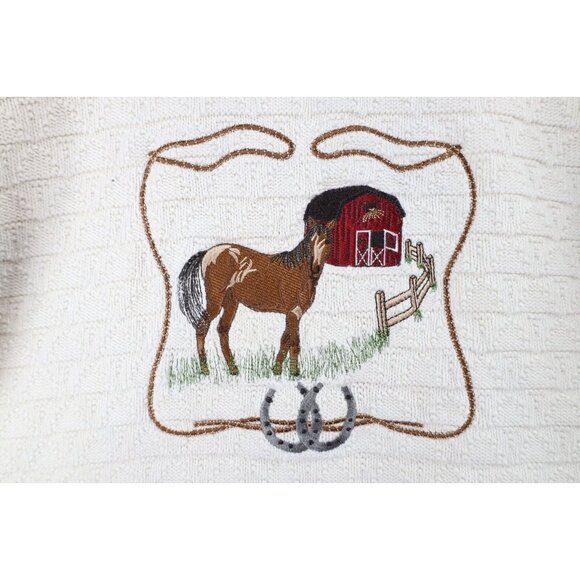 Vintage 90s Cabelas Womens Large Distressed Horse Equestrian Knit Sweater Cream - Picture 4 of 11